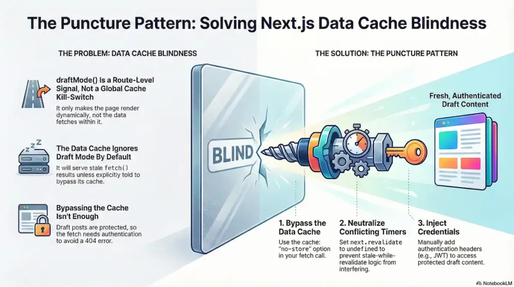 An educational infographic titled "The Puncture Pattern: Solving Next.js Data Cache Blindness." The Problem (Left): It highlights that draftMode() is a route-level signal rather than a global cache kill-switch, meaning the Data Cache may still serve stale results or return 404 errors for protected draft content. The Visual (Center): A mechanical drill with gears and a key is shown puncturing a glass pane labeled "BLIND," symbolizing breaking through the cache layer. The Solution (Right): Outlines a three-step process to access fresh, authenticated draft content: Bypass the Data Cache using the no-store option in fetch calls. Neutralize Conflicting Timers by setting next.revalidate to undefined. Inject Credentials by manually adding authentication headers (like JWT) to the fetch request.