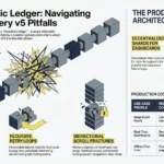 An infographic titled "The Monolithic Ledger: Navigating TanStack Query v5 Pitfalls," illustrating architectural risks such as sequential network storms, recursive retry loops, and bidirectional scroll fractures, alongside a Production Architectural Matrix table recommending configurations for different use cases.