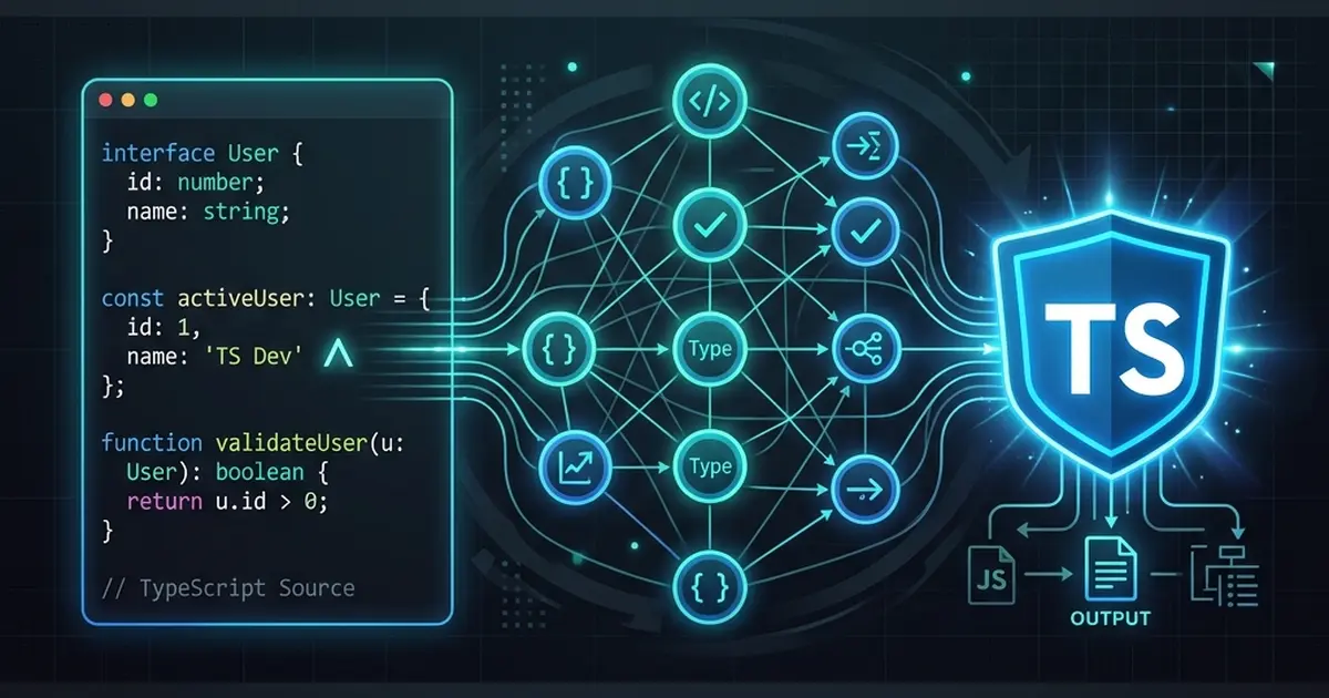 A futuristic, neon-styled infographic illustrating TypeScript compilation. On the left, a code editor window displays a TypeScript interface, object instantiation, and a validation function. Glowing data streams connect this code to a central web of nodes representing type checking and validation processing. These streams funnel into a bright blue security shield featuring the letters 'TS', which outputs final JavaScript files.