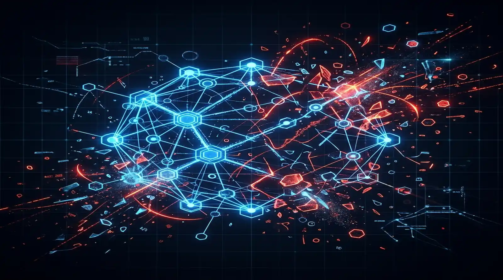 Abstract glowing blue digital network sphere shattering into red fragments on a dark grid background, symbolizing data binding breakdown in nested WordPress pattern overrides.